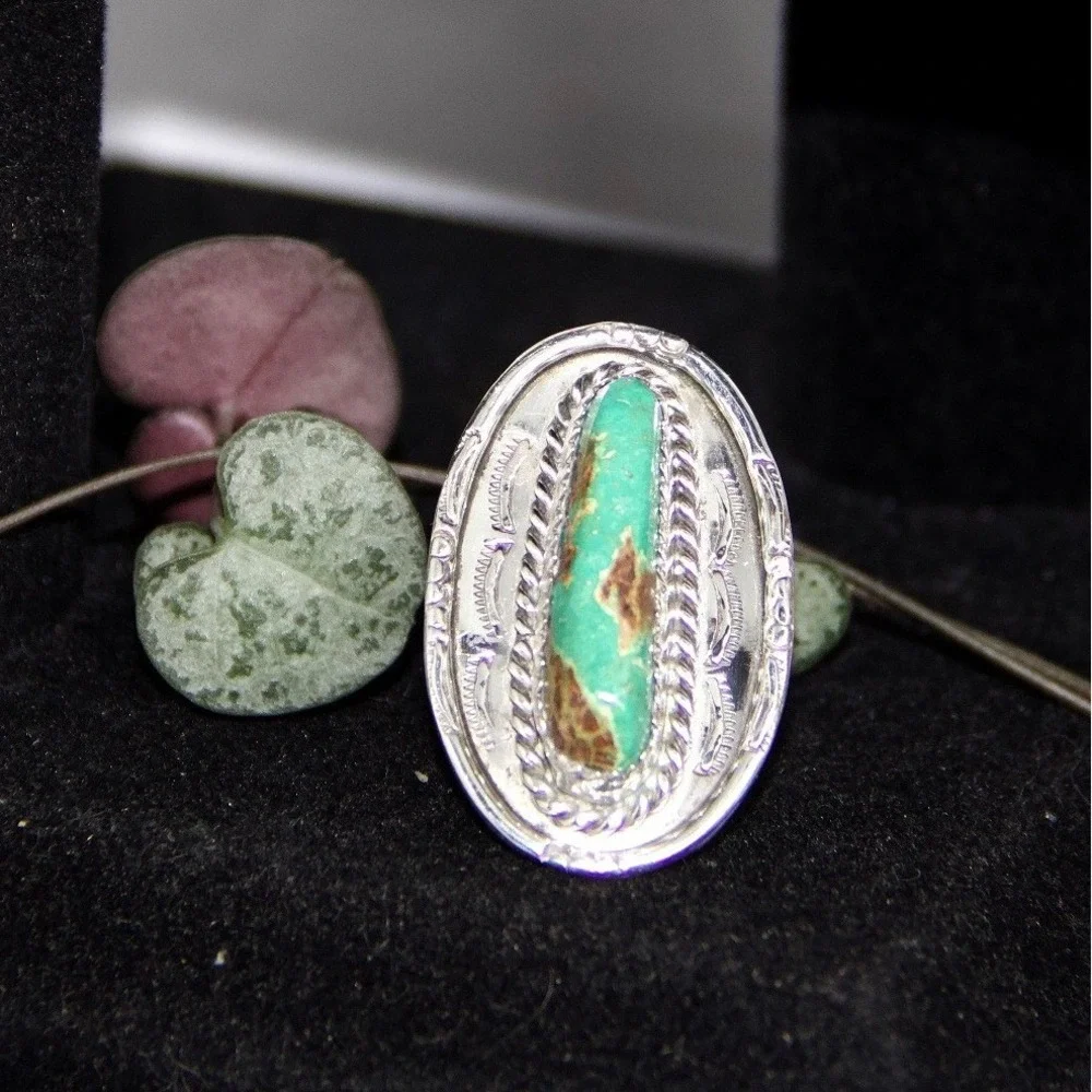 Vintage Navajo Sterling Silver Turquoise Stamped Oval Ring, Size 6.5 Hallmarked